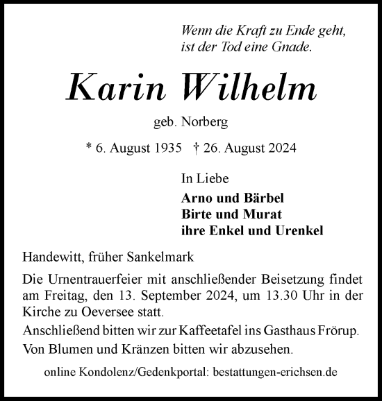 Traueranzeige von Karin Wilhelm von Flensburger Tageblatt