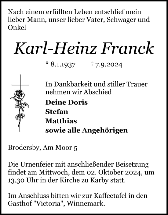 Traueranzeige von Karl-Heinz Franck von Schleswiger Nachrichten, Schlei-Bote