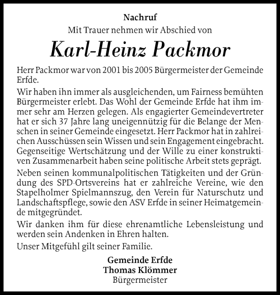 Traueranzeige von Karl-Heinz Packmor von Schleswig-Holsteinische Landeszeitung