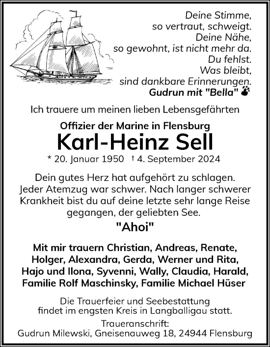Traueranzeige von Karl-Heinz Sell von Flensburger Tageblatt