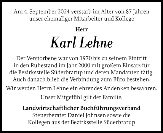 Traueranzeige von Karl Lehne von Schleswiger Nachrichten, Schlei-Bote
