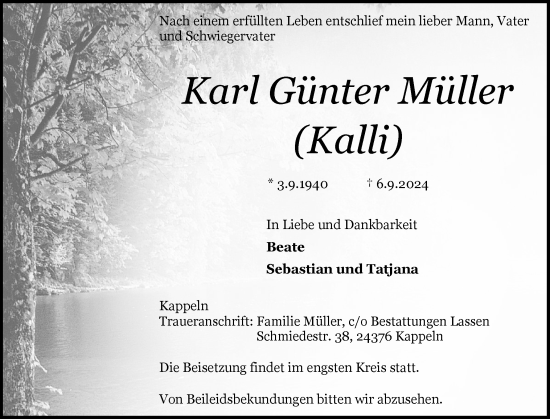 Traueranzeige von Karl Günter Müller von Schleswiger Nachrichten, Schlei-Bote