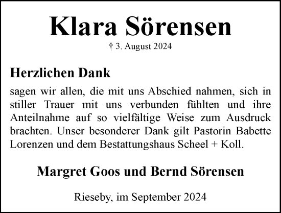Traueranzeige von Klara Sörensen von Eckernförder Zeitung, Hallo Eckernförde