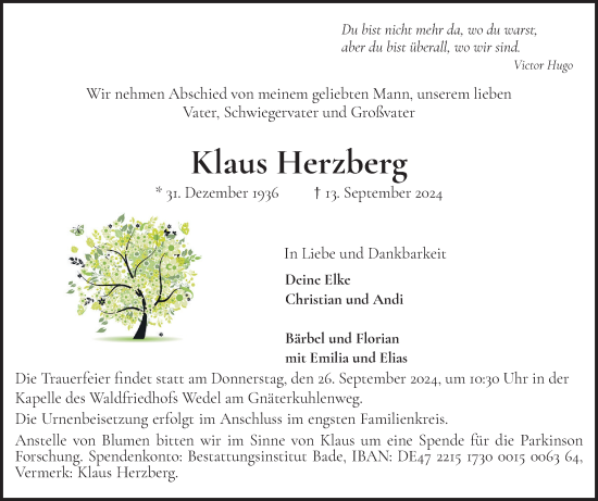 Traueranzeige von Klaus Herzberg von Wedel-Schulauer Tageblatt, tip Wedel-Schulauer Tageblatt, tip Rissener Rundschau
