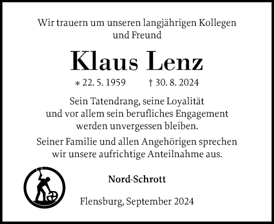 Traueranzeige von Klaus Lenz von Flensburger Tageblatt
