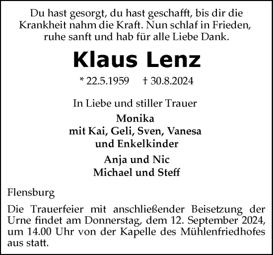 Traueranzeige von Klaus Lenz von Flensburger Tageblatt