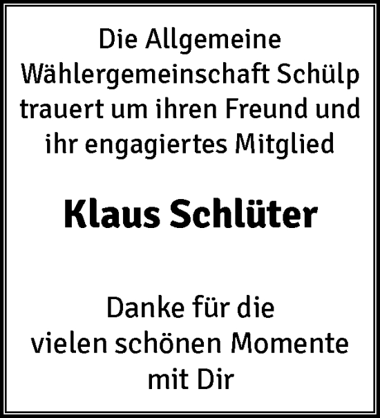 Traueranzeige von Klaus Schlüter von Schleswig-Holsteinische Landeszeitung