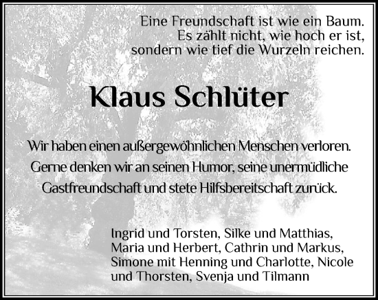 Traueranzeige von Klaus Schlüter von Schleswig-Holsteinische Landeszeitung