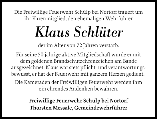 Traueranzeige von Klaus Schlüter von Schleswig-Holsteinische Landeszeitung