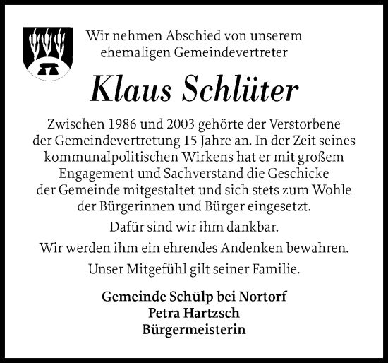 Traueranzeige von Klaus Schlüter von Schleswig-Holsteinische Landeszeitung