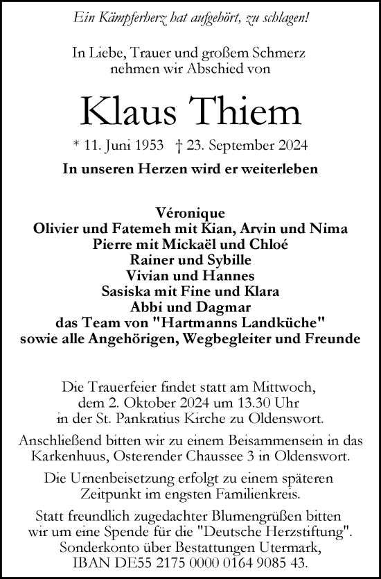 Traueranzeige von Klaus Thiem von Husumer Nachrichten, Nordfriesland Tageblatt