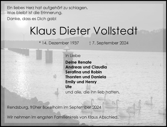 Traueranzeige von Klaus Dieter Vollstedt von Schleswig-Holsteinische Landeszeitung