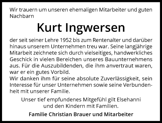 Traueranzeige von Kurt Ingwersen von Husumer Nachrichten, Nordfriesland Tageblatt