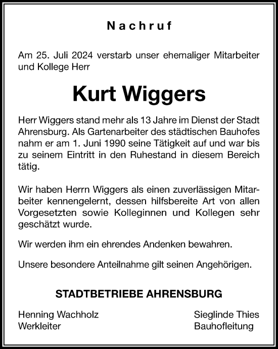 Traueranzeige von Kurt Wiggers von Stormaner Tageblatt
