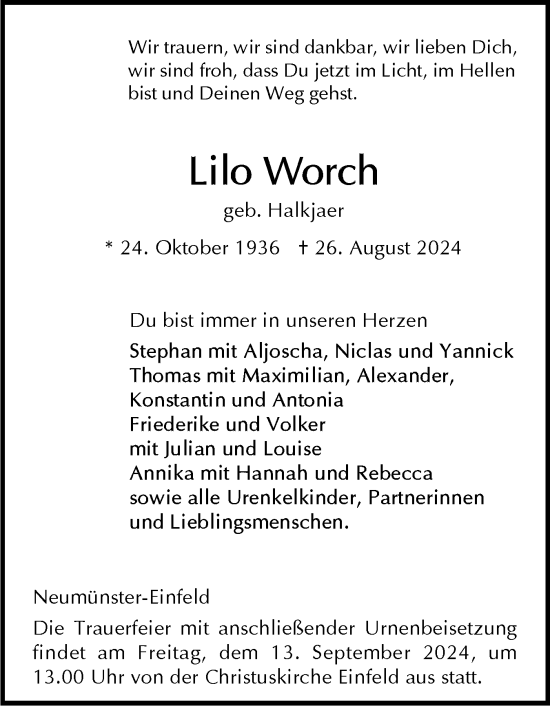 Traueranzeige von Lilo Worch von Holsteinischer Courier