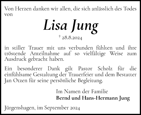 Traueranzeige von Lisa Jung von Flensburger Tageblatt