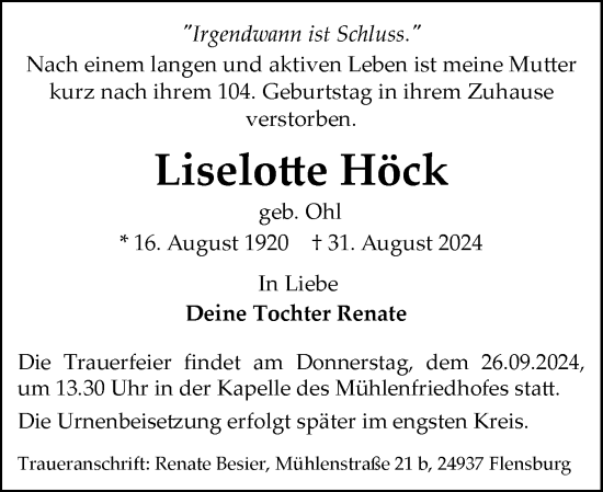 Traueranzeige von Liselotte Höck von Region Flensburg