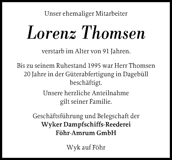 Traueranzeige von Lorenz Thomsen von Region Westküste