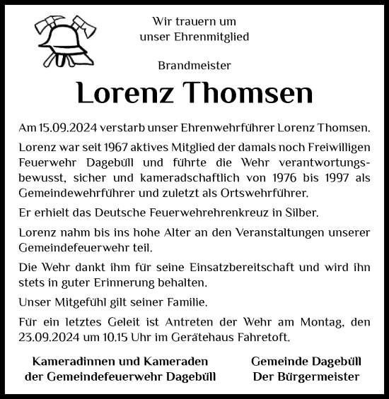 Traueranzeige von Lorenz Thomsen von Husumer Nachrichten, Nordfriesland Tageblatt