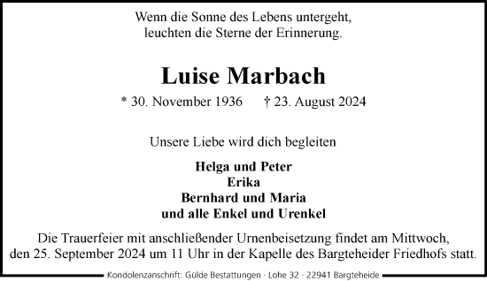 Traueranzeige von Luise Marbach von Stormaner Tageblatt