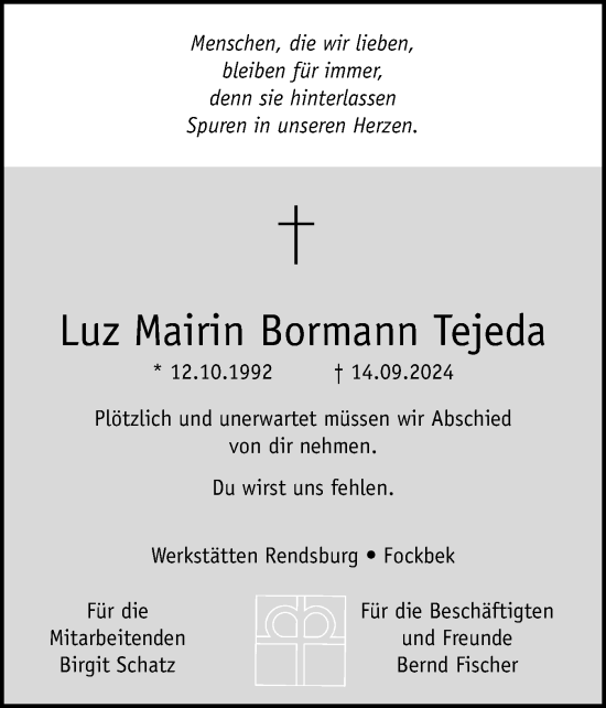 Traueranzeige von Luz Mairin Bormann Tejeda von Schleswig-Holsteinische Landeszeitung