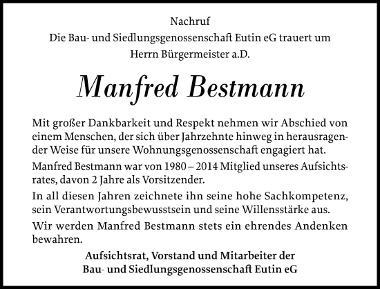 Traueranzeige von Manfred Bestmann von Ostholsteiner Anzeiger