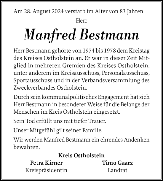 Traueranzeige von Manfred Bestmann von Ostholsteiner Anzeiger