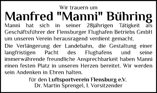Traueranzeige von Manfred Bühring von Flensburger Tageblatt