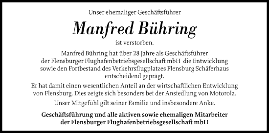Traueranzeige von Manfred Bühring von Flensburger Tageblatt