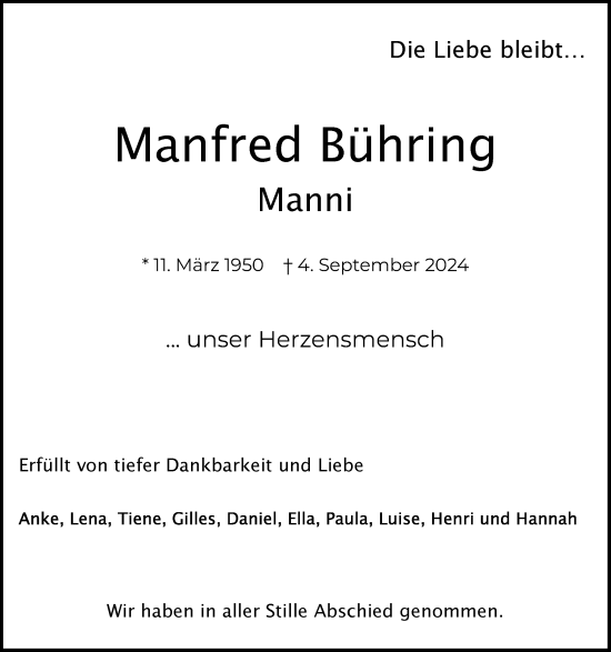 Traueranzeige von Manfred Bühring von Flensburger Tageblatt
