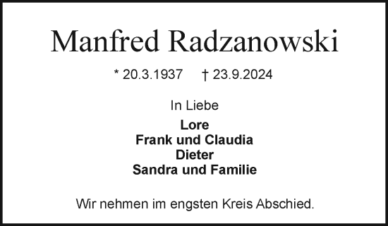 Traueranzeige von Manfred Radzanowski von Holsteinischer Courier