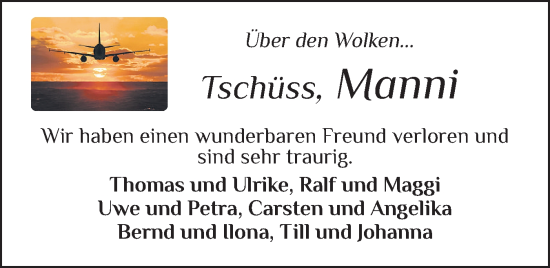 Traueranzeige von Manni  von Flensburger Tageblatt