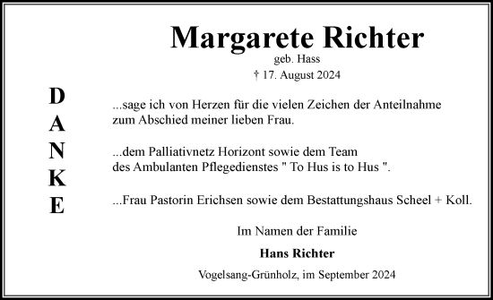 Traueranzeige von Margarete Richter von Schleswiger Nachrichten, Schlei-Bote, Eckernförder Zeitung