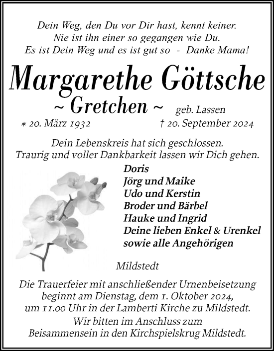 Traueranzeige von Margarethe Göttsche von Husumer Nachrichten, Nordfriesland Tageblatt