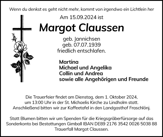 Traueranzeige von Margot Claussen von Region Westküste