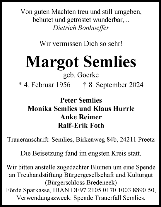 Traueranzeige von Margot Semlies von Elmshorner Nachrichten, Barmstedter Zeitung