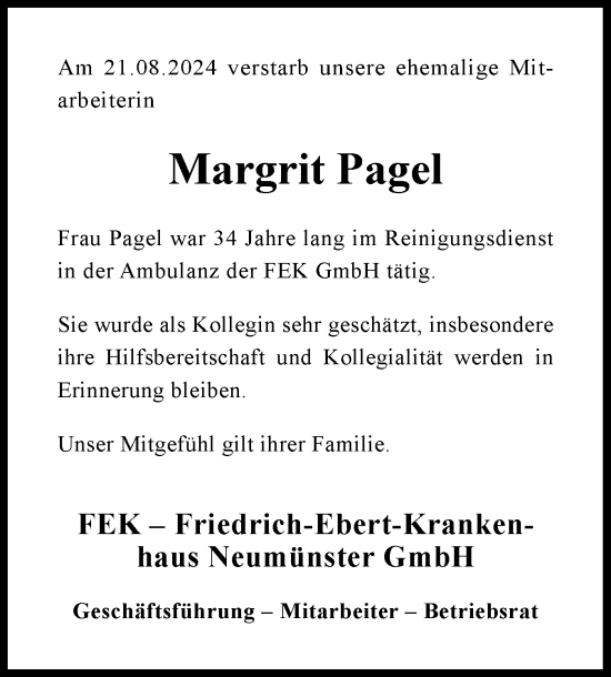 Traueranzeige von Margrit Pagel von Holsteinischer Courier