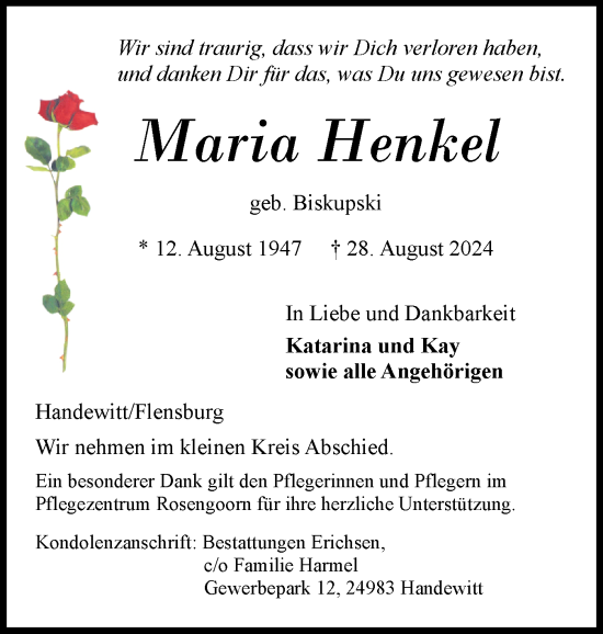 Traueranzeige von Maria Henkel von Flensburger Tageblatt