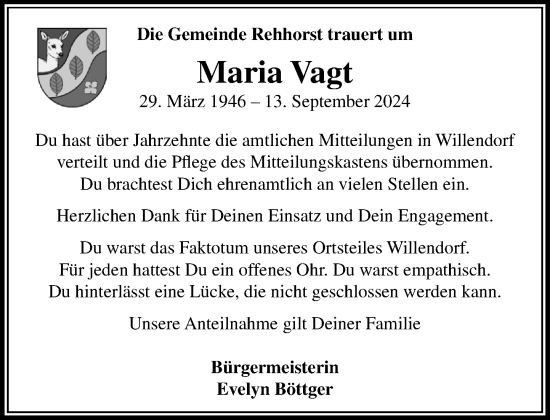 Traueranzeige von Maria Vagt von Stormaner Tageblatt