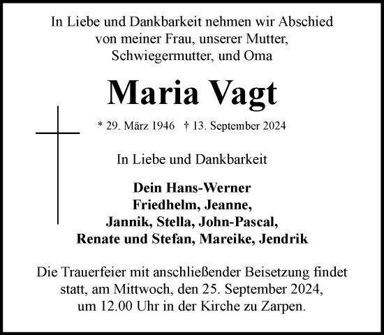 Traueranzeige von Maria Vagt von Stormaner Tageblatt
