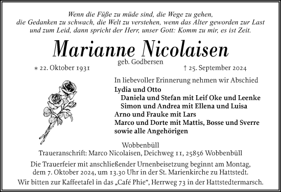 Traueranzeige von Marianne Nicolaisen von Husumer Nachrichten, Nordfriesland Tageblatt