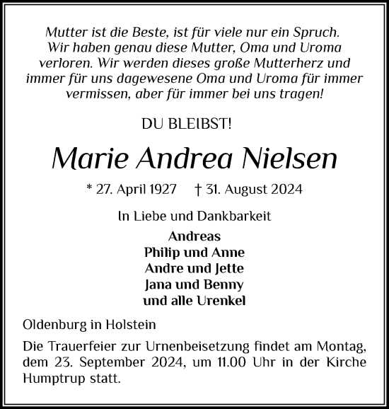 Traueranzeige von Marie Andrea Nielsen von Husumer Nachrichten, Nordfriesland Tageblatt