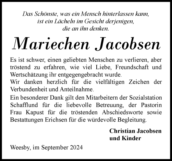 Traueranzeige von Mariechen Jacobsen von Region Flensburg