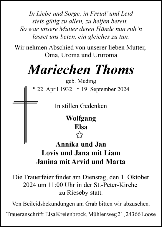 Traueranzeige von Mariechen Thoms von Eckernförder Zeitung