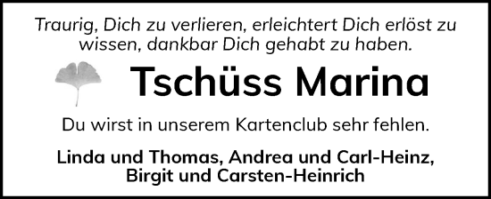Traueranzeige von Marina  von Husumer Nachrichten, Nordfriesland Tageblatt