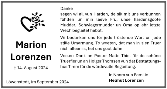 Traueranzeige von Marion Lorenzen von Husumer Nachrichten, Nordfriesland Tageblatt