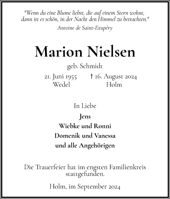 Traueranzeige von Marion Nielsen von Wedel-Schulauer Tageblatt, tip Wedel-Schulauer Tageblatt, tip Rissener Rundschau