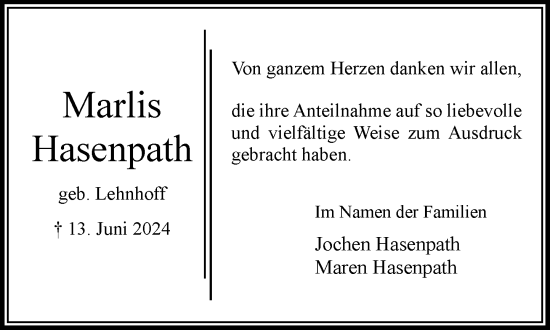Traueranzeige von Marlis Hasenpath von Stormaner Tageblatt