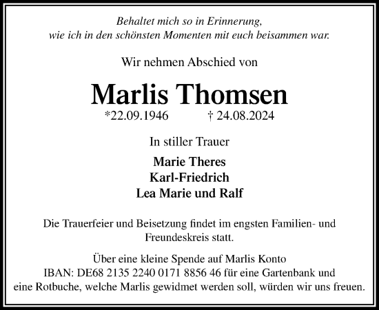 Traueranzeige von Marlis Thomsen von Stormaner Tageblatt