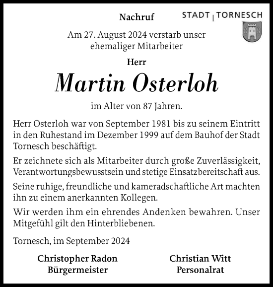 Traueranzeige von Martin Osterloh von Uetersener Nachrichten, Der tip am Wochenende